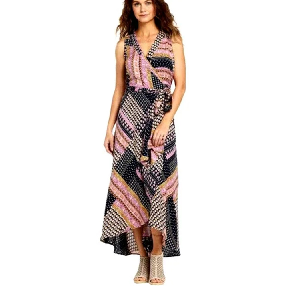 Raga Hadley Patchwork Sleeveless Tie Wrap Maxi Dress Pink Black Womens Size XS
